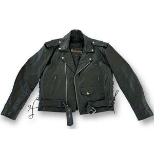 Geronimo Biker Leather Jacket Black Lace Up Sides Sz 44 Quilted Liner EUC Vtg
